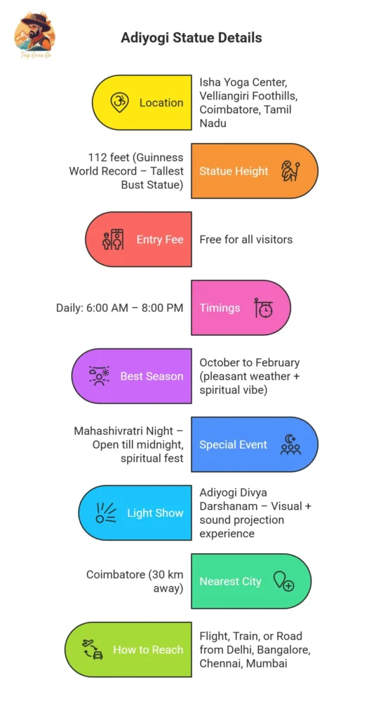 Infographic showing Adiyogi Statue Coimbatore quick info – height, timings, location, best season, entry details