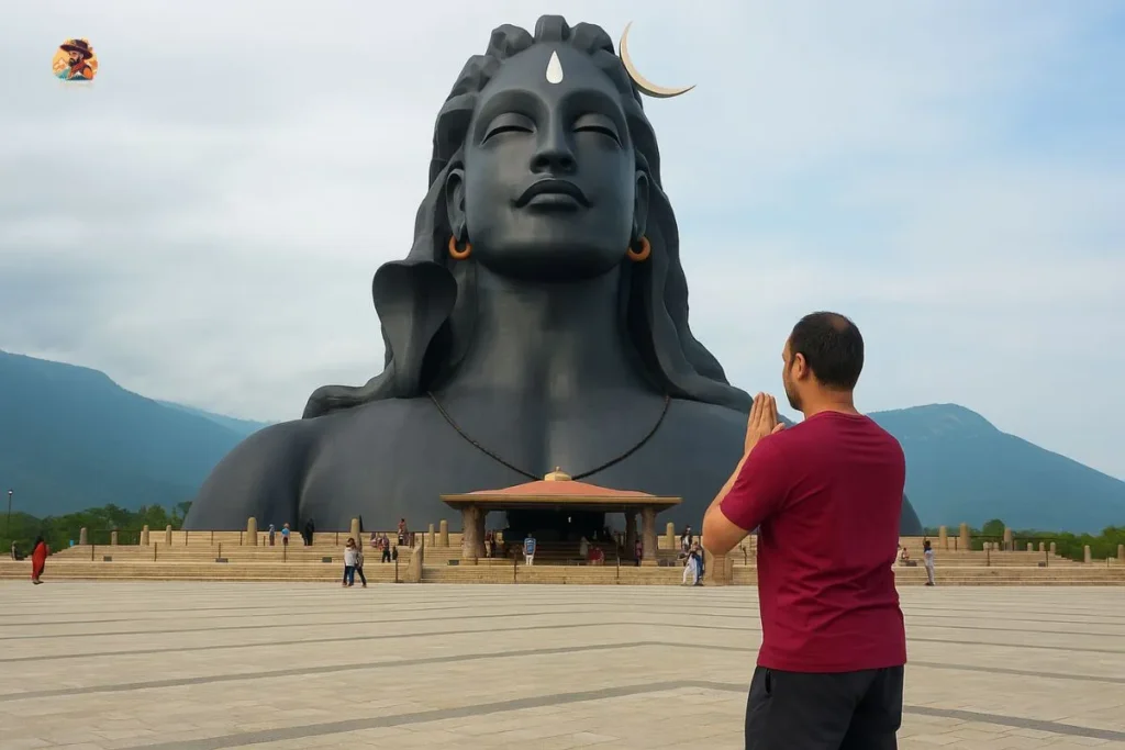 I am standing with folded hands in front of Adiyogi Shiva Statue Coimbatore highlighting its spiritual design, Abhaya Mudra, and serpent detail