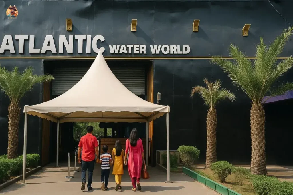 Entry gate scene at Atlantic Water World with families arriving