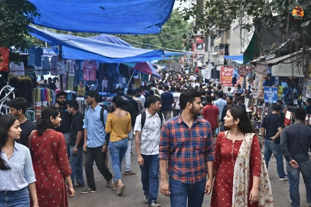 crowded street market with shoppers under blue tarps