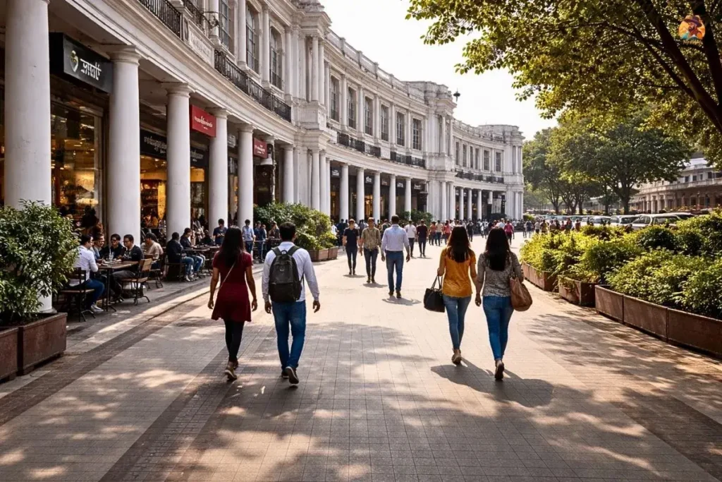 Connaught Place inner circle layout showing white corridors and walkable area in Central Delhi