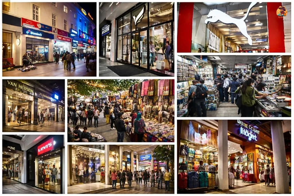 Connaught Place market showing branded stores, street shopping, and Palika Bazaar electronics