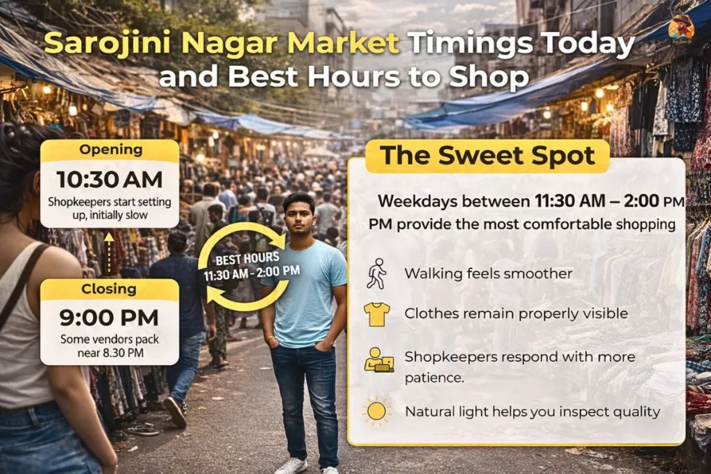 infographic showing sarojini nagar market timings and best shopping hours