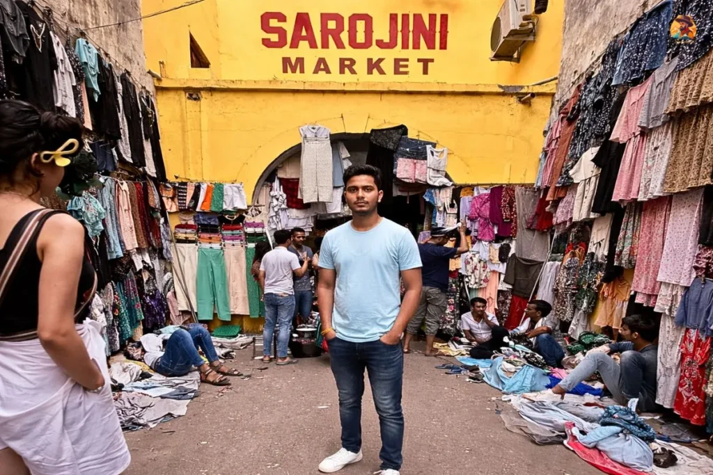 shopper standing at sarojini nagar market entrance with clothing stalls