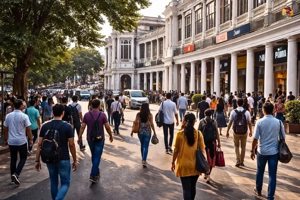 Crowds moving in different directions at Connaught Place inner circle Delhi