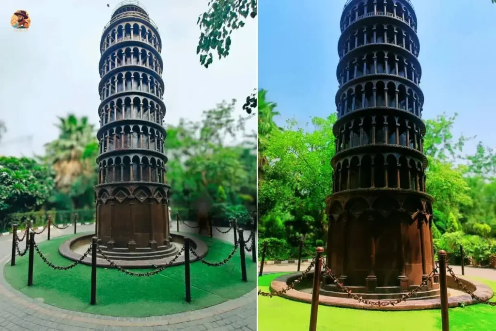 Leaning Tower of Pisa replica from curved metal arches
