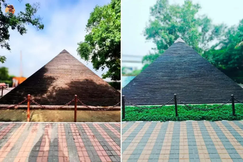 Sharp-angled scrap metal pyramid structure in Delhi