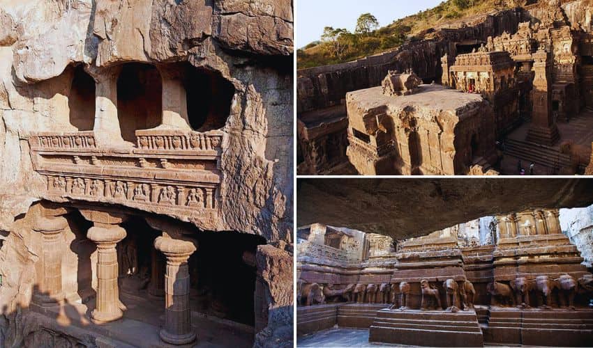 Intricate sculptures at Ellora Caves, famous historical site in Maharashtra, India.