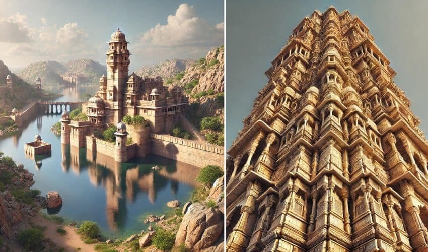 Panoramic view of Chittorgarh Fort in Rajasthan, historic landmark in India.