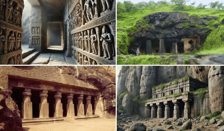 Stone carvings at Elephanta Caves, symbolizing India’s historical and cultural heritage.