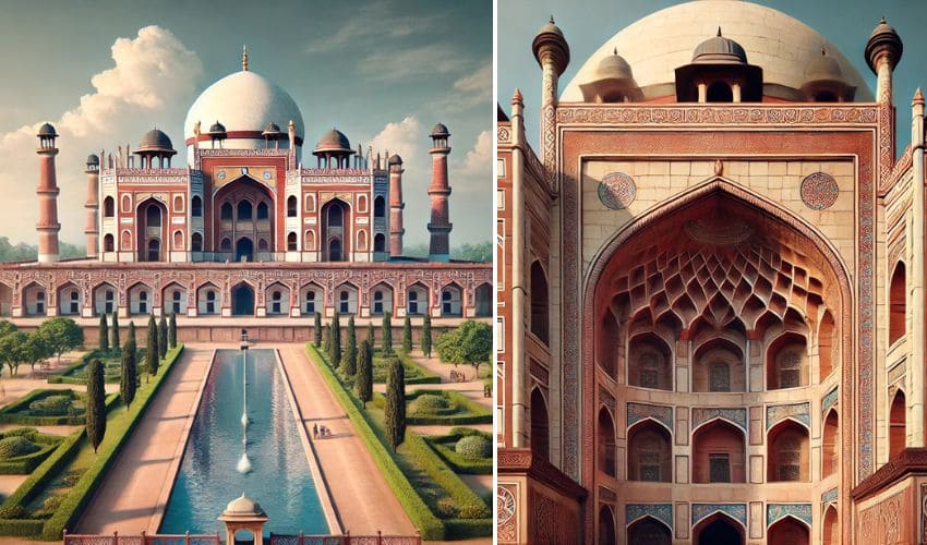Intricate designs on Humayun's Tomb in Delhi, showcasing Mughal heritage in India.