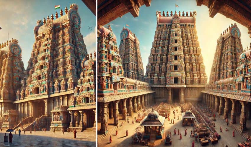 Evening view of Meenakshi Temple in Tamil Nadu, key historical monument in India