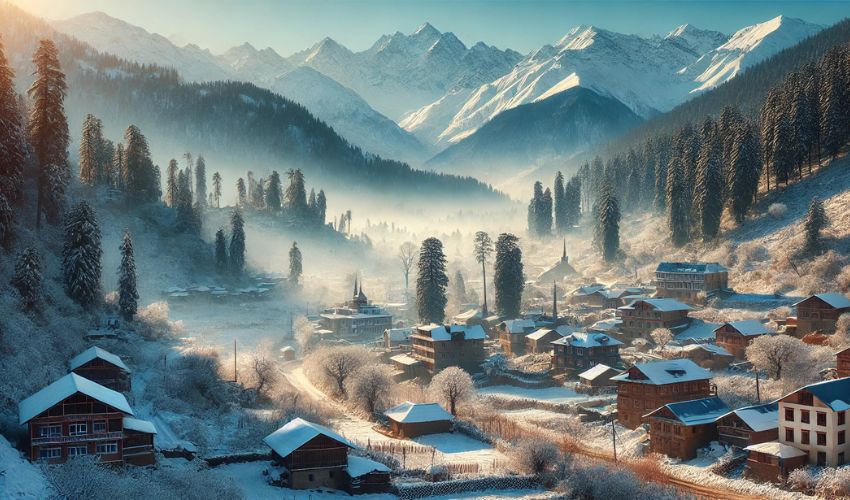 Old Manali winter snow-covered landscape and mountains, perfect for Manali Winter Travel.