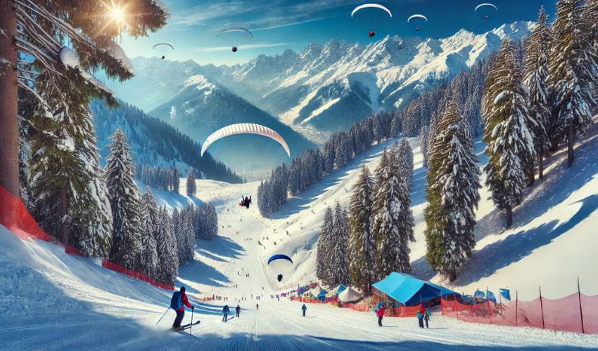 Solang Valley skiing and paragliding in winter, perfect for Manali Winter Travel.