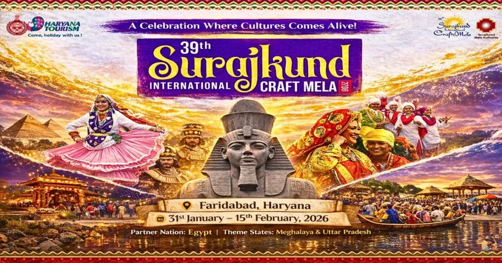 Surajkund Mela 2026 featured image showing cultural performances, crafts, and Egypt pavilion in Faridabad