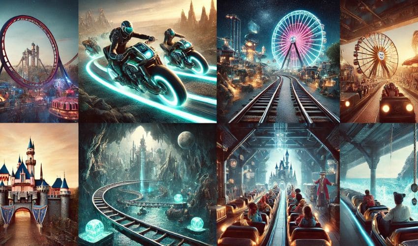 Collage of best rides at Magic Kingdom, including a motorbike coaster, mine train, space roller coaster, and pirate boat ride.