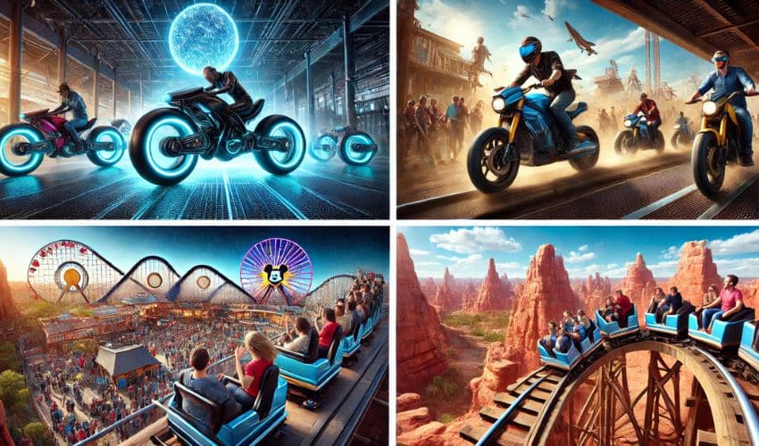 Four-ride collage showing TRON motorbike coaster, space coaster, canyon mine train, and steep drop ride at a Florida theme park.