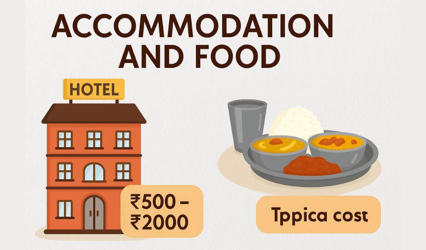 Char Dham Yatra 2025 accommodation and food guide showing basic lodges and traditional Indian meals with cost range
