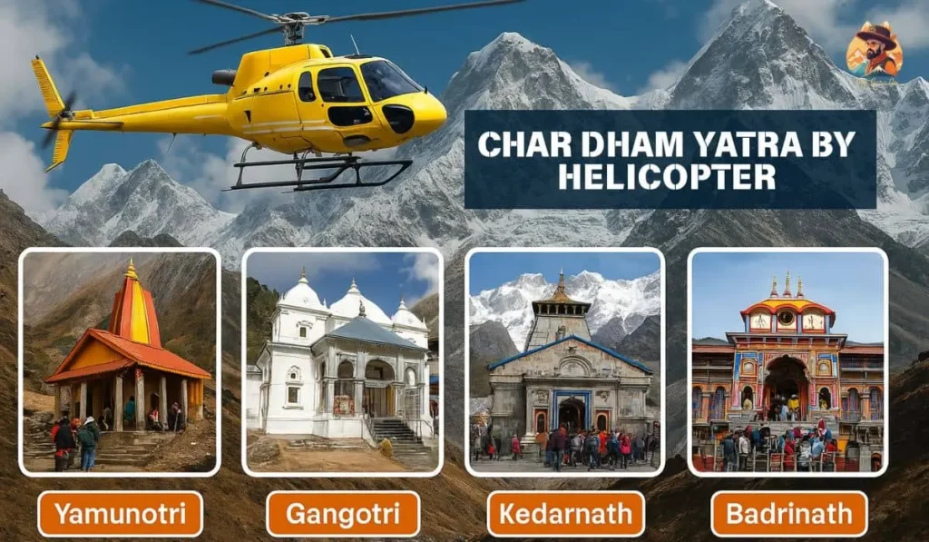 Char Dham Yatra by Helicopter with Himalayan temples and yellow chopper