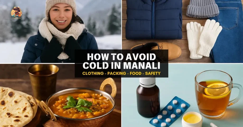 showing how to avoid cold in Manali with snow, warm clothing, cafes, and cozy winter scenes