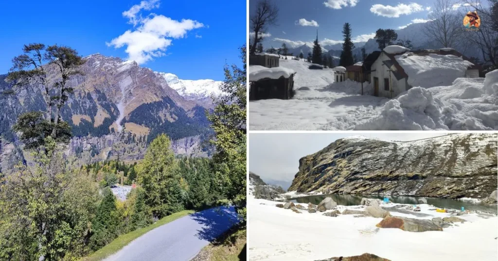 Gulaba snow-covered road and tea stall during the best time to see snowfall in Manali