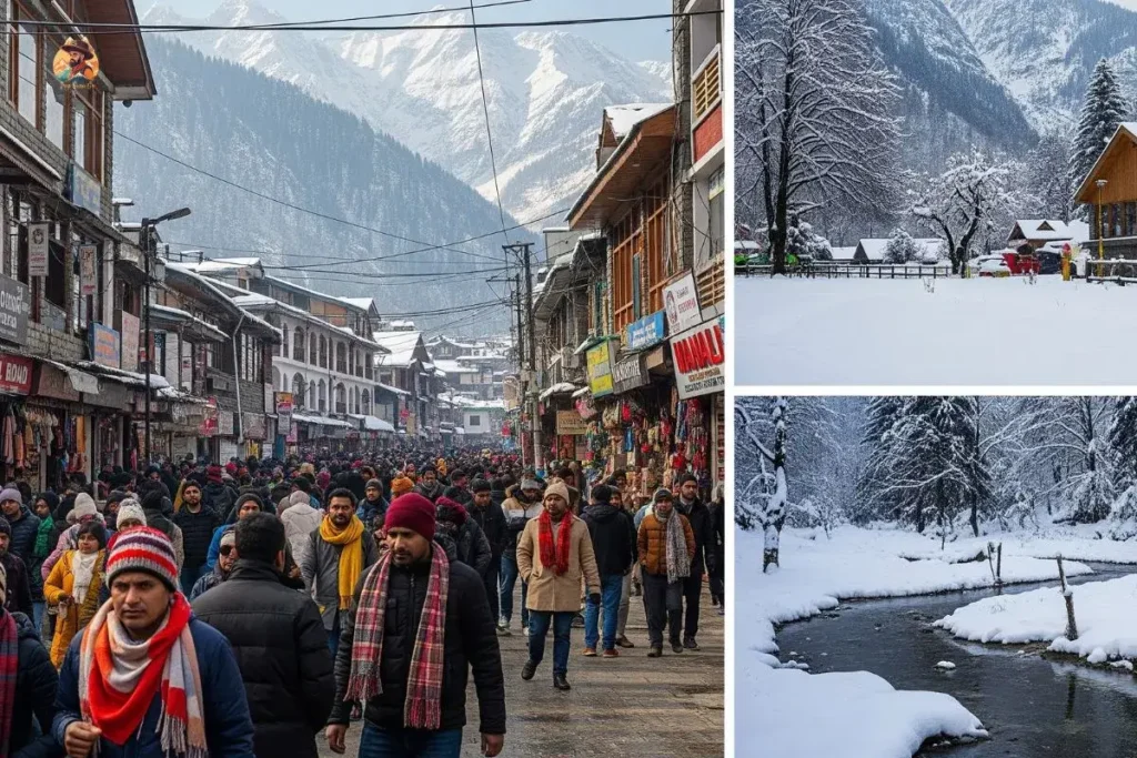 Manali in winter: Crowded street and peaceful snow.