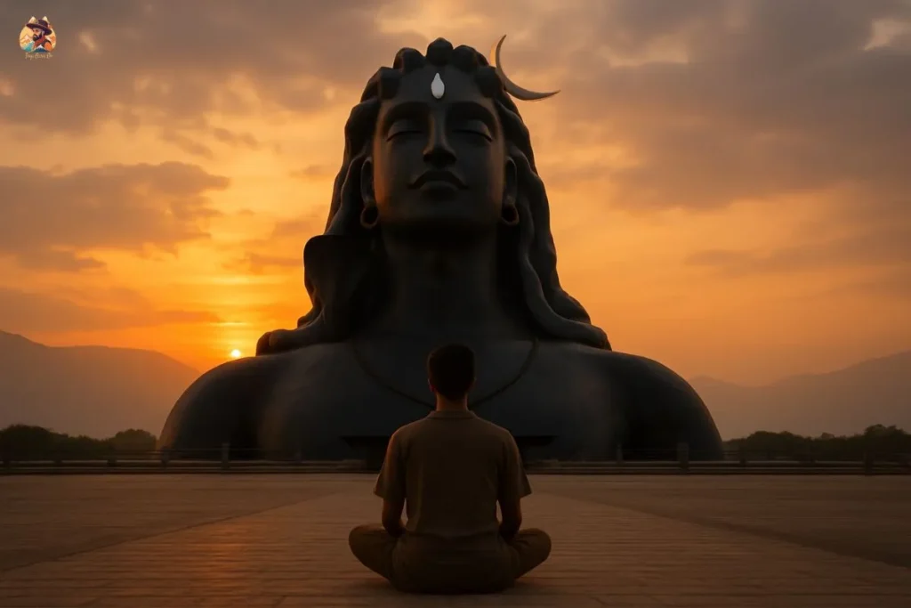 Peaceful moment in front of Adiyogi Shiva statue at sunset