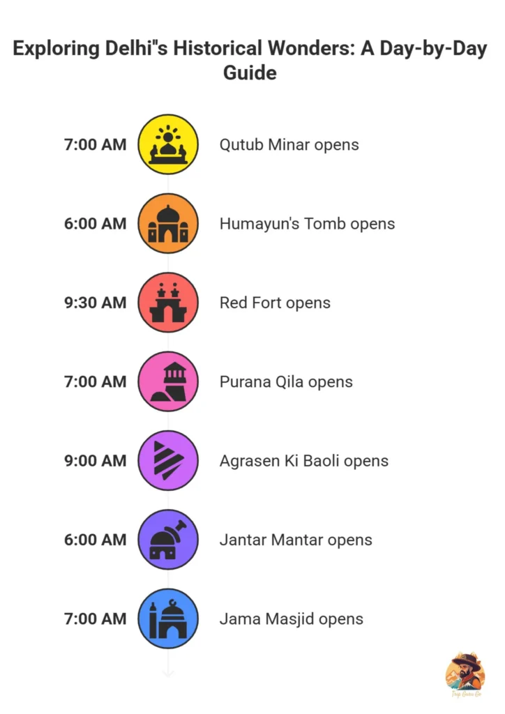 timings chart for Delhi monuments placed on a traveler’s desk