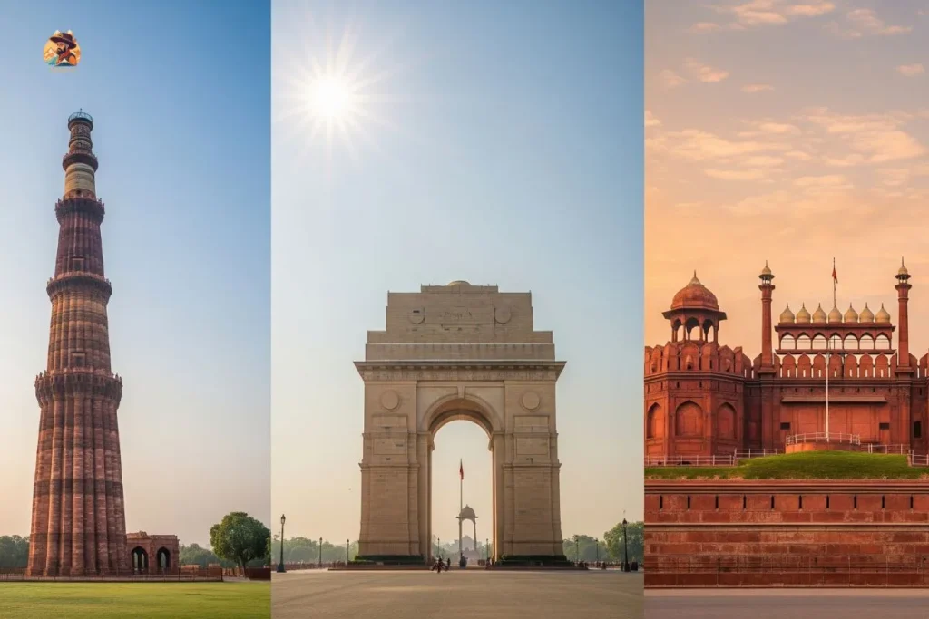 Qutub Minar, Red Fort, and India Gate shown together – representing three powerful eras of Delhi’s history