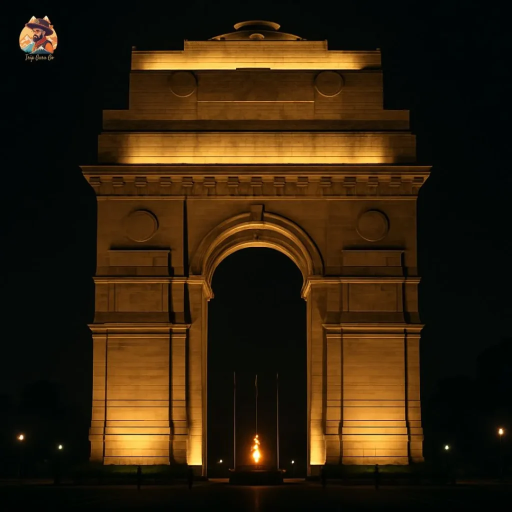 India Gate at night with Amar Jawan Jyoti glowing – Delhi’s most emotional patriotic site