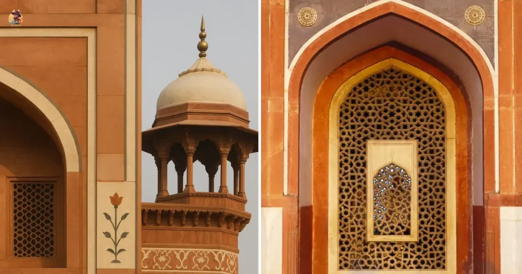 Close-up of Humayun’s Tomb showing jali window, Quranic calligraphy, floral inlay, and chhatri dome pavilion in red sandstone and marble