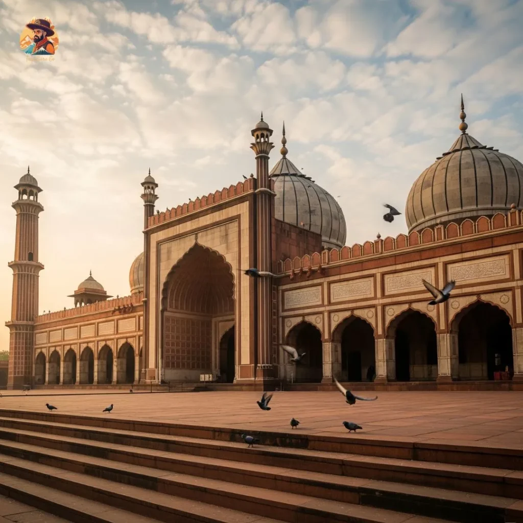 Jama Masjid front steps with flying pigeons and morning calm in Old Delhi