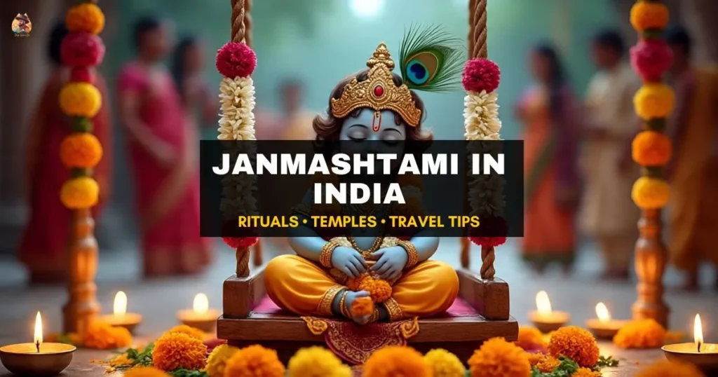 Baby Krishna idol in a flower-adorned swing, surrounded by marigolds and diyas during Janmashtami celebration in an Indian temple