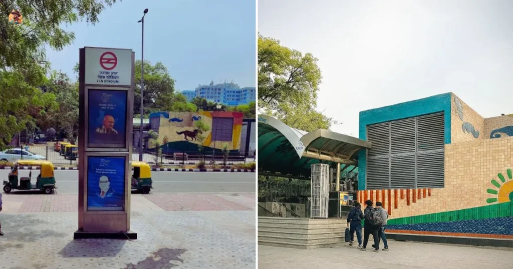 Entrance of JLN Stadium Metro Station near Humayun’s Tomb, Delhi with colorful tiled wall and morning crowd