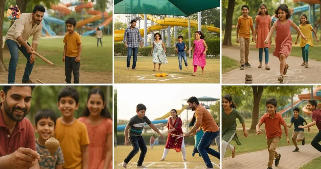 Showing Gilli Danda, Pithu, Lattoo, Stapu, and Kho Kho being played at Just Chill Water Park’s Old-Gold Games section by kids and adults