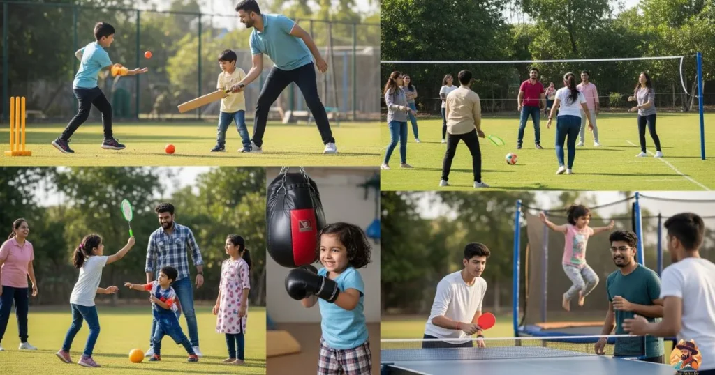 families and children playing cricket, badminton, volleyball, trampoline, and table tennis in the Sports Zone at Just Chill Water Park Delhi
