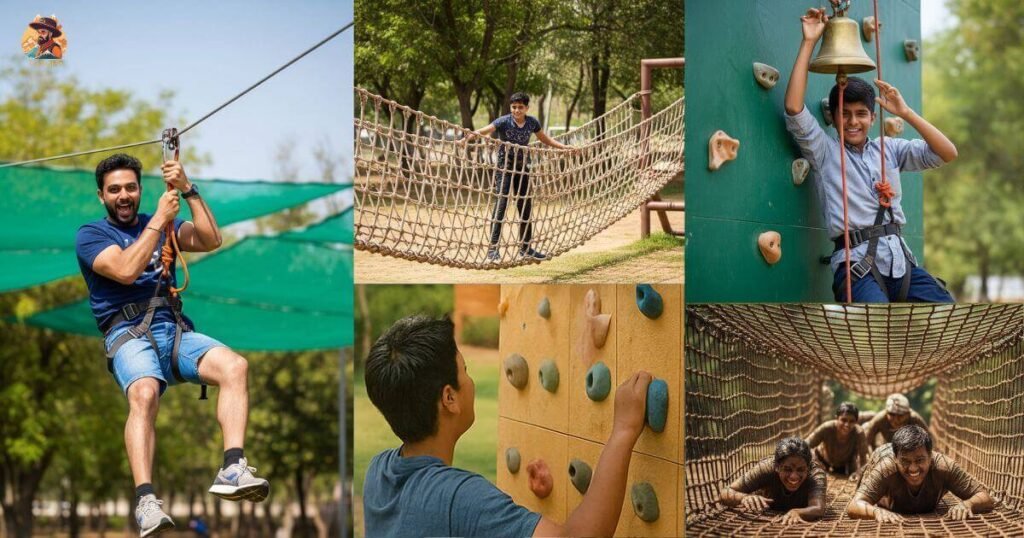 adventure activities at Just Chill Water Park Delhi including zipline, Burma bridge, wall climbing, and commando crawl