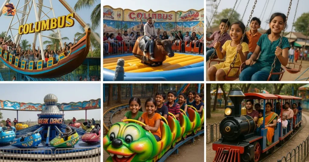 dry amusement rides at Just Chill Water Park Delhi showing Columbus ride, bull ride, swing chair, break dance, caterpillar ride, and mini train with happy visitors