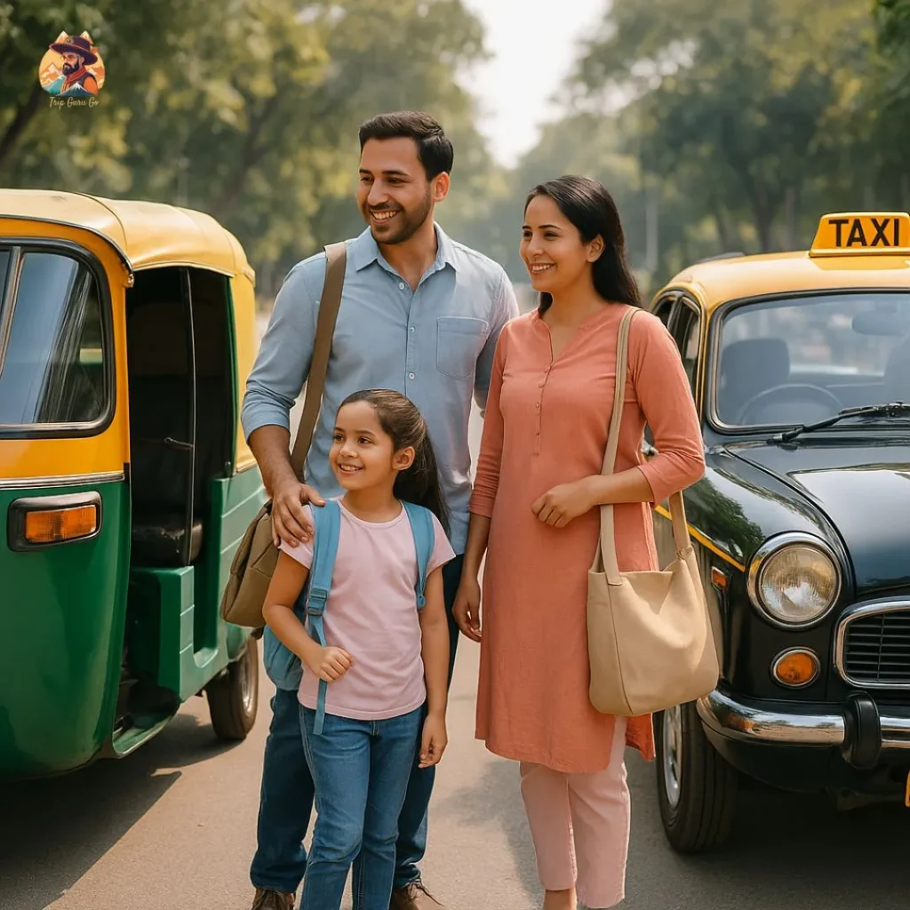 Family at Just Chill Water Park Delhi choosing between auto-rickshaw and cab for safe local travel