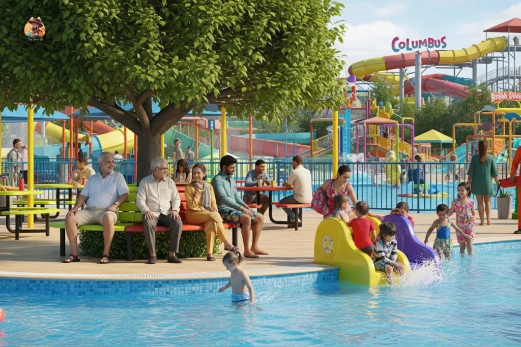 Indian family relaxing at Just Chill Water Park with kids near wave pool, grandparents under shade, and colorful rides in background