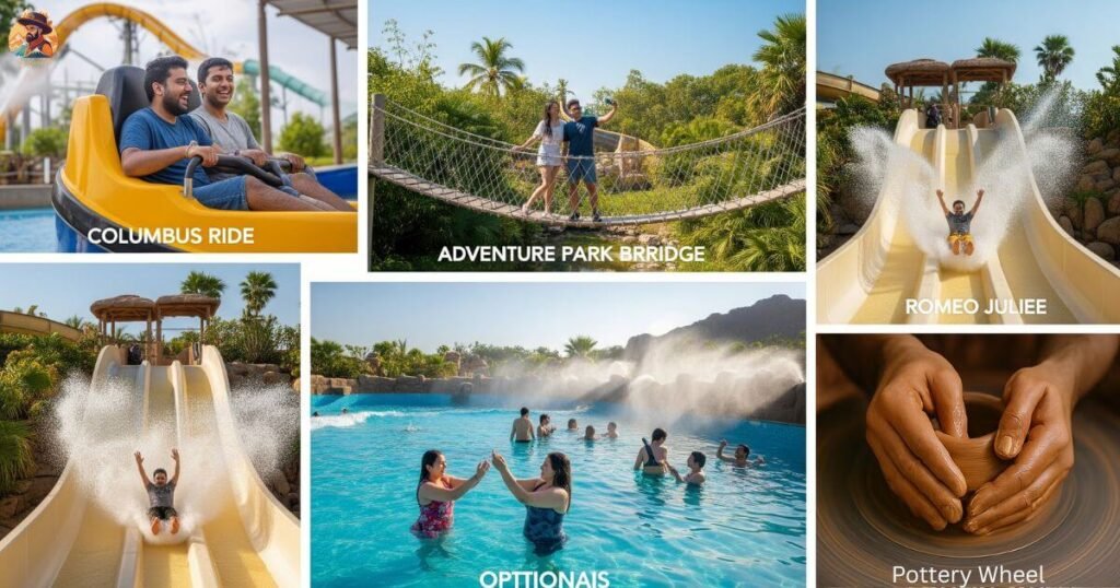 top Instagram-worthy photo spots at Just Chill Water Park Delhi including Columbus ride, rope bridge, wave pool, Romeo Juliet slide, and pottery wheel