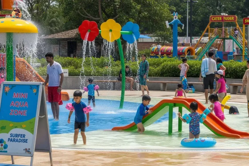 Kids playing in shallow splash zone at Just Chill Water Park Delhi with mini slides, flower showers, and lifeguard for safety