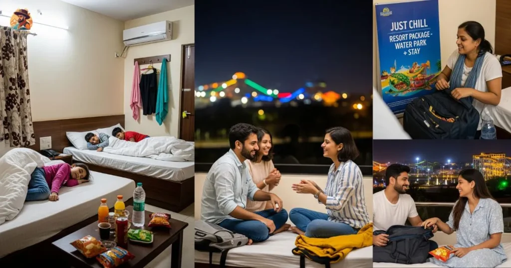 Family relaxing after a water park day inside a Just Chill resort room with snacks, clean beds, and tired kids