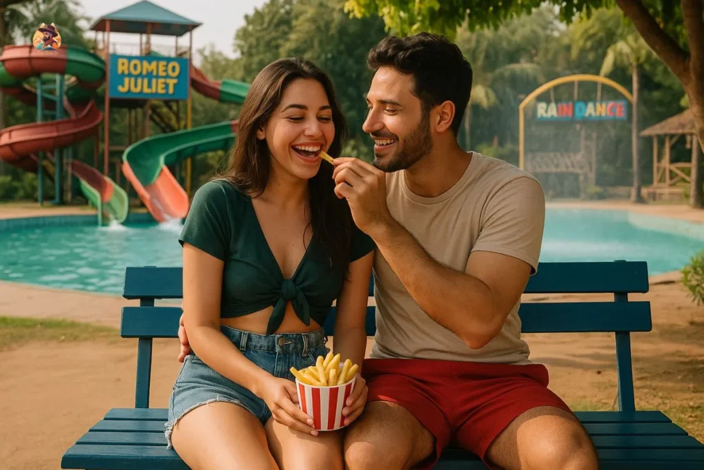 Couple enjoying peaceful moment near water ride at Just Chill Water Park Delhi with romantic and chill vibes
