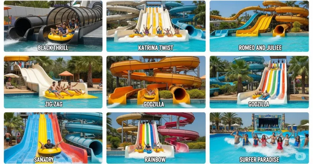 top water rides at Just Chill Water Park Delhi including Black Thrill, Katrina Twist, Romeo Juliet, Godzilla, Rainbow Slide, and Wave Pool