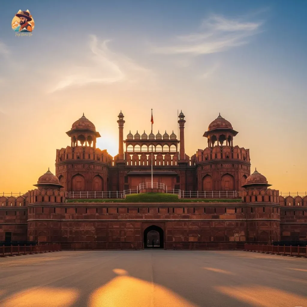 Red Fort entrance glowing in evening golden light – Delhi’s Mughal pride at sunset