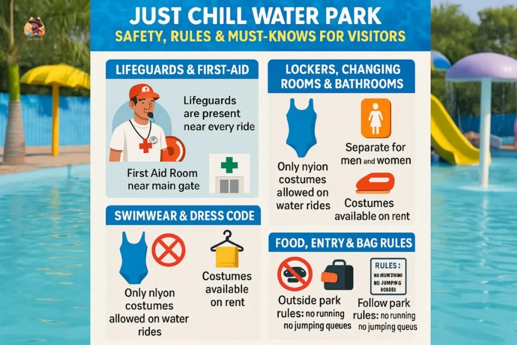 Infographic showing safety rules, dress code, lockers, and food policy at Just Chill Water Park Delhi