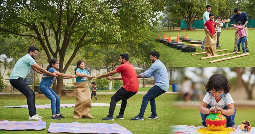 Realistic collage showing tug of war, sack race, matka painting, and team games at Just Chill Water Park for families and school kids