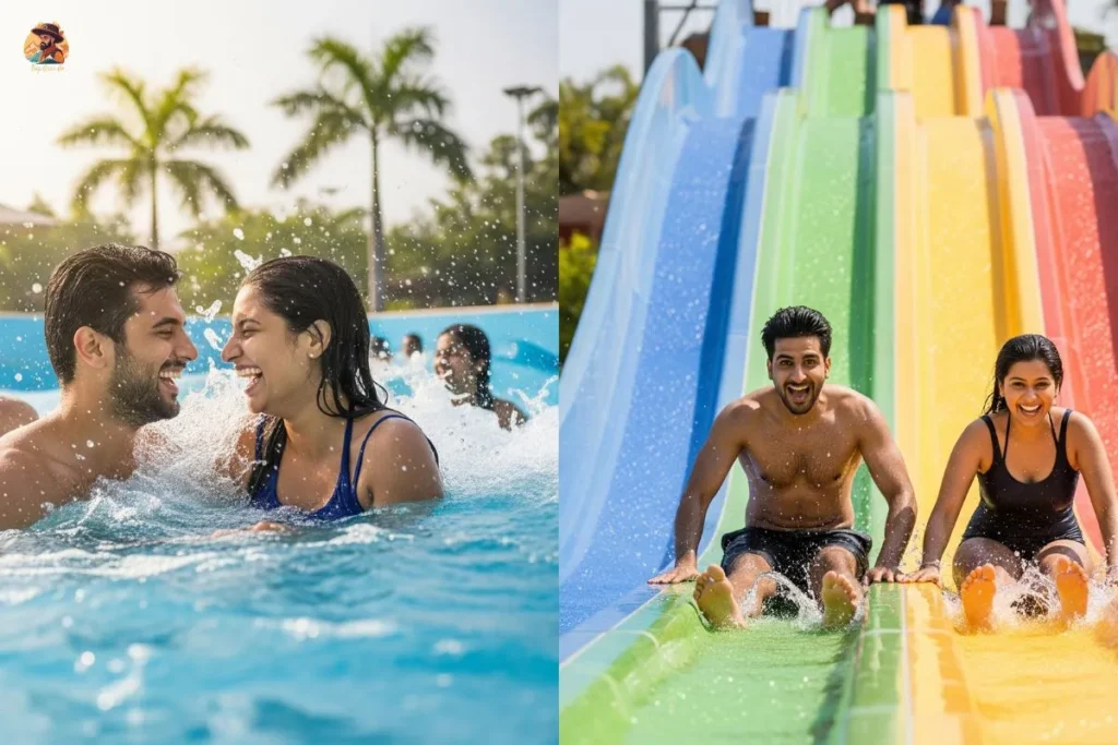 Indian couple enjoying wave pool and Racer Challenge at Atlantic Water World Delhi