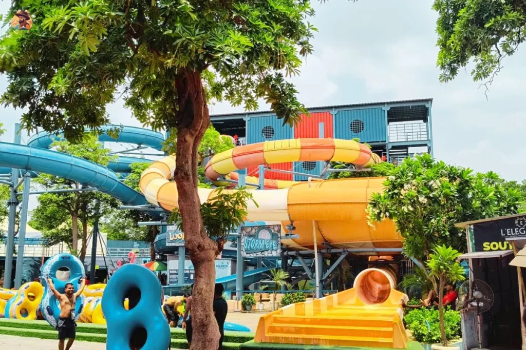 Top view of giant water slide tower at Atlantic Water World Delhi